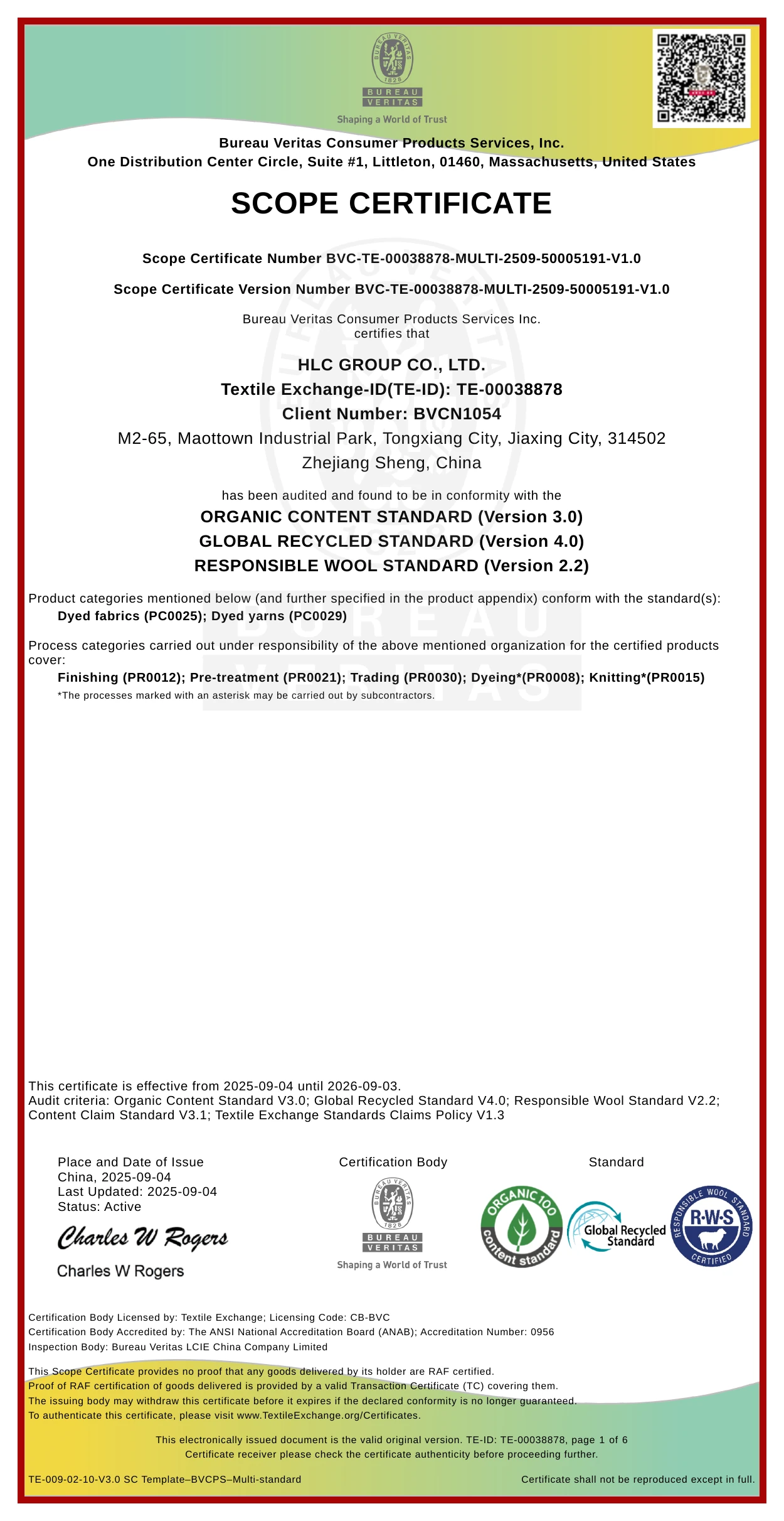 HLC Organic Content Standard, Global Recycled Standard and Responsible Wool Standard scope certificate