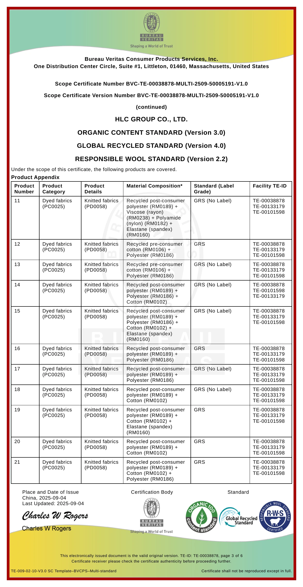 HLC OCS GRS and RWS certified product appendix page 2
