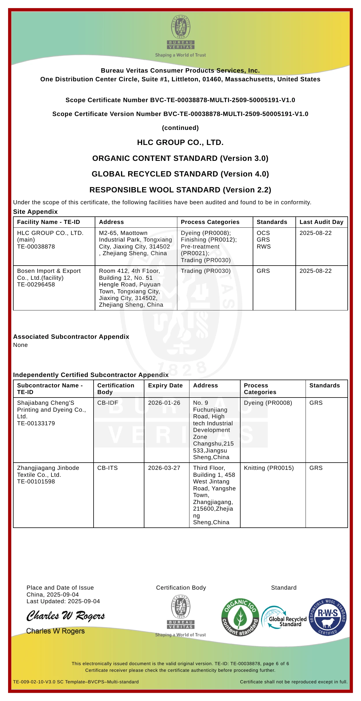 HLC OCS GRS and RWS certified site appendix