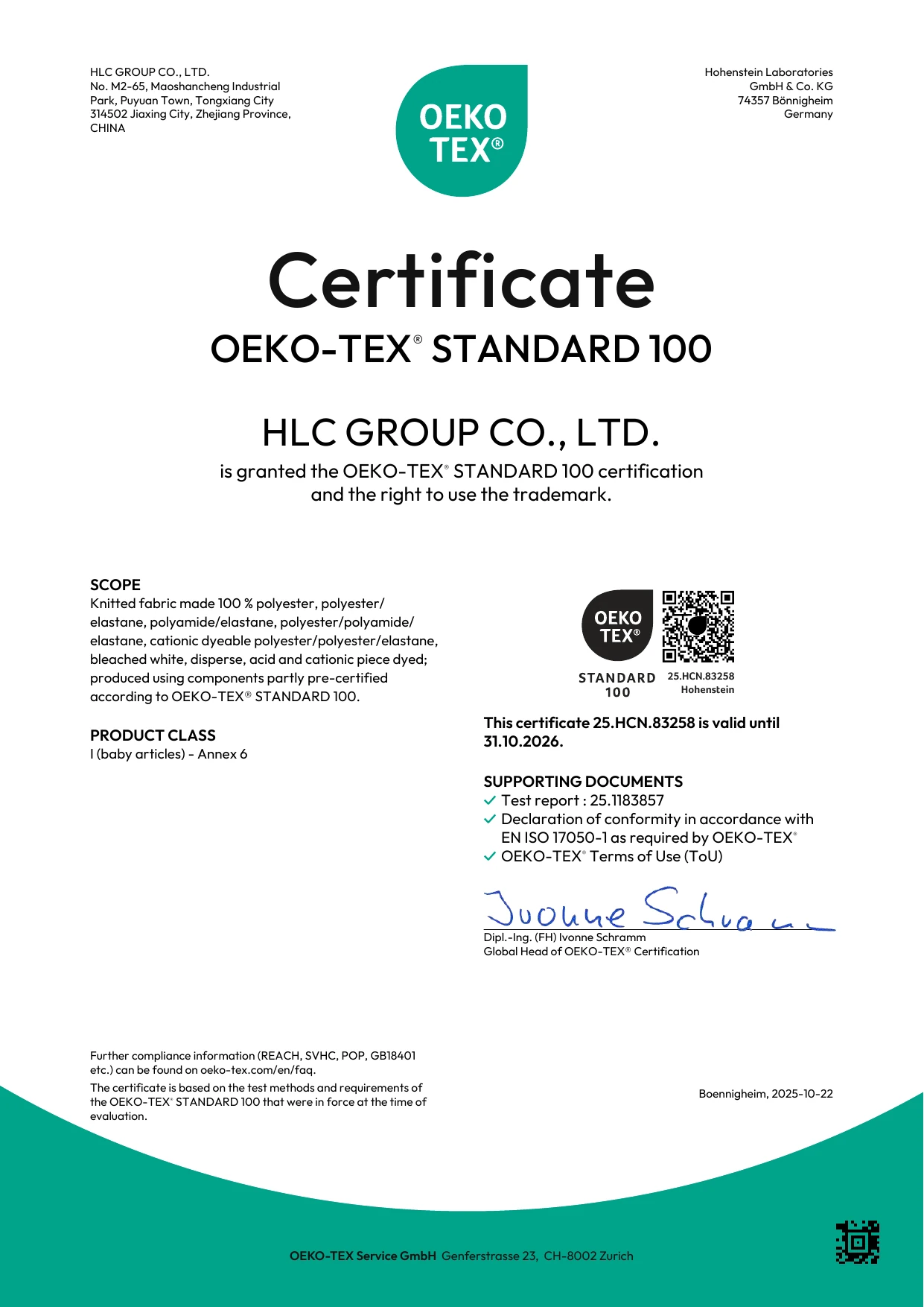 HLC OEKO-TEX STANDARD 100 certificate for knitted fabric, Product Class I baby articles