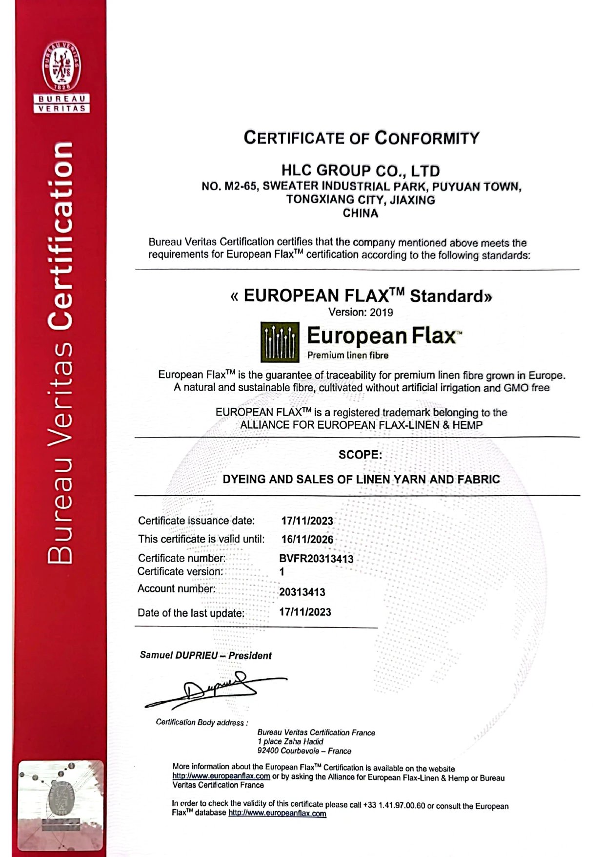 HLC European Flax certificate for dyeing and sales of linen yarn and fabric