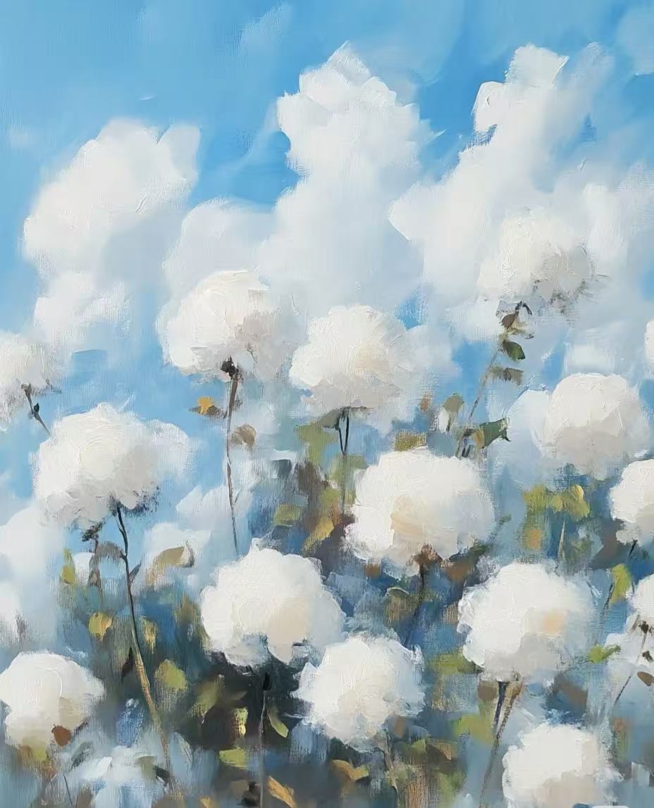 蓝白棉花油画，象征纤维原料与可持续染色