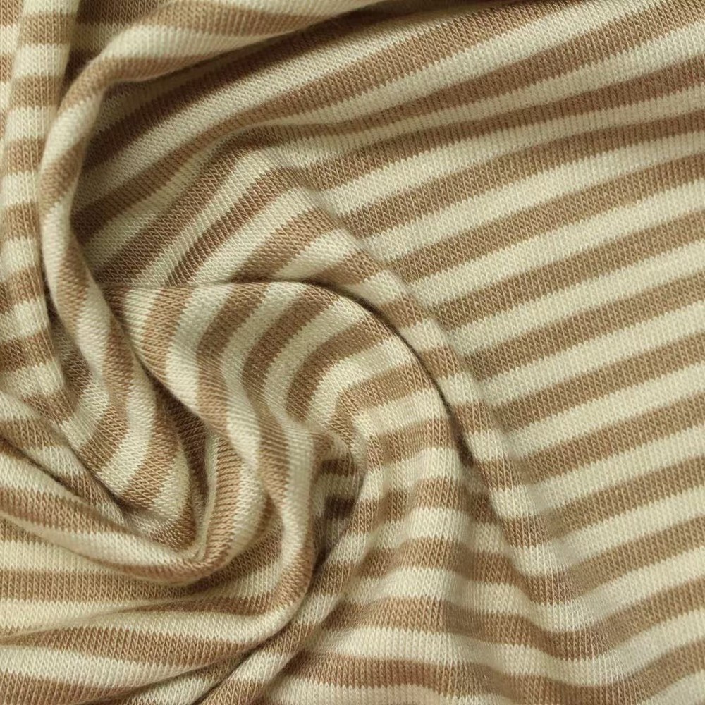 Beige and cream bamboo viscose spandex striped jersey fabric